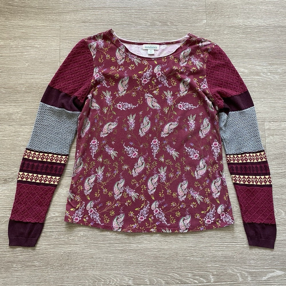 Sundance Sharrar Thermal Top Women's M Paisley Pink Blouse Waffle Knit Holiday